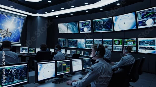 Control room monitoring spacecraft operations in a futuristic setting with advanced VFX and HUD elements