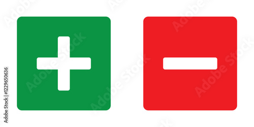 Green plus and red minus symbols. Thin-line vector icons representing positive and negative signs. Mathematical symbols for addition and subtraction, indicating right and wrong, pros and cons