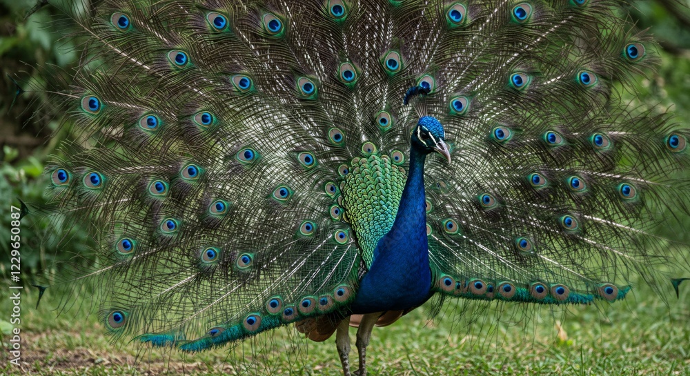 Fototapeta premium A majestic peacock displays its vibrant plumage in full fan, showcasing intricate patterns of iridescent blues and greens against a lush natural background.