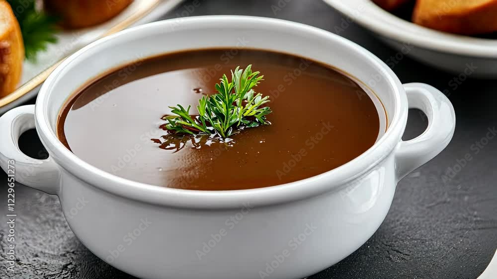 Enjoy a rich brown sauce presented in a white bowl, perfect for dipping crusty bread and enhancing meal flavors Enjoy a rich brown sauce presented in a white bowl, perfect for dipping crusty bread and enhancing meal flavors