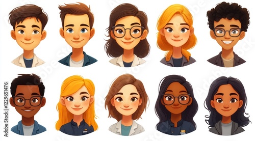 Smiling People Closeup Portrait Set Cute Cartoon Businessman Male and Female Avatars Multi-ethnic Man and Woman Faces Isolated on White Background