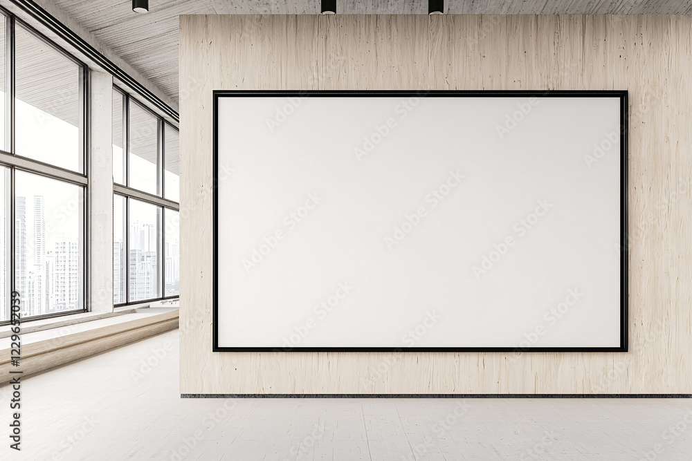 spacious interior featuring large blank billboard mockup on wooden wall, perfect for showcasing advertisements or artwork. modern design enhances ambiance spacious interior featuring large blank billboard mockup on wooden wall, perfect for showcasing advertisements or artwork. modern design enhances ambiance