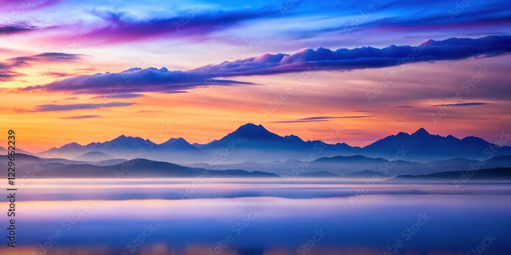 Serene Mountain Range at Dawn with a Vibrant Sky and Misty Valley Serene Mountain Range at Dawn with a Vibrant Sky and Misty Valley