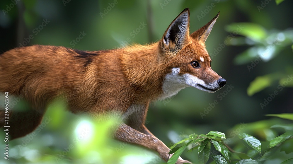 Fototapeta premium Red Dhole in Lush Green Forest