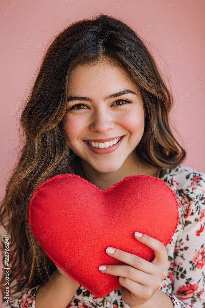 Young woman holding a red heart pillow smiles against a pink background, representing love, happiness, and emotional connection in relationships and self-care. Young woman holding a red heart pillow smiles against a pink background, representing love, happiness, and emotional connection in relationships and self-care.
