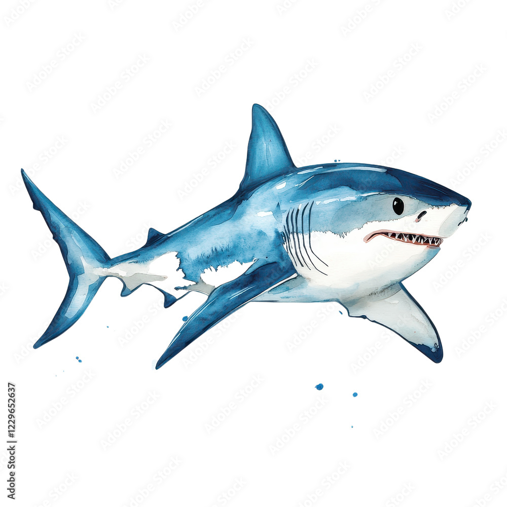 Fototapeta premium Colorful watercolor illustration of a majestic shark swimming in the ocean., isolated on a transparent background.