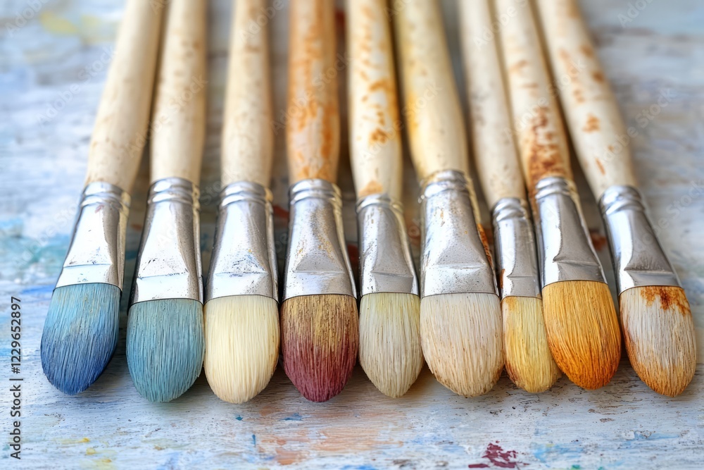 Fototapeta premium A Close-Up Shot Of Eight Paintbrushes With Varying Degrees Of Wear And Tear, Showcasing A Variety Of Colors And Textures. They'Re Arranged Neatly, Creating A Visually Appealing Composition.