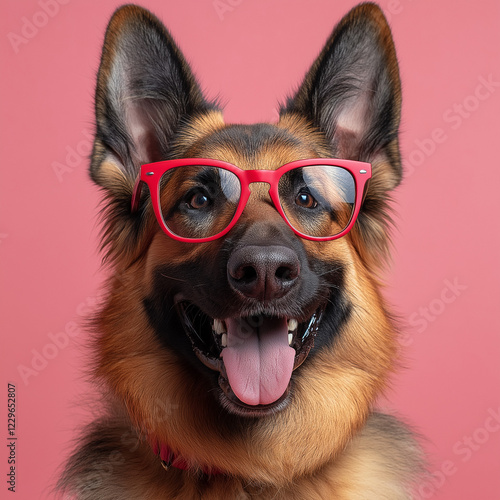 Playful german shepherd dog with red glasses indoor setting portrait photography fun environment close-up pet personality photo