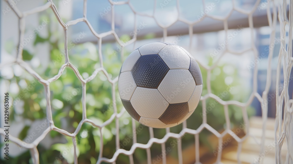 Naklejka premium Closeup of a football ball hitting the net