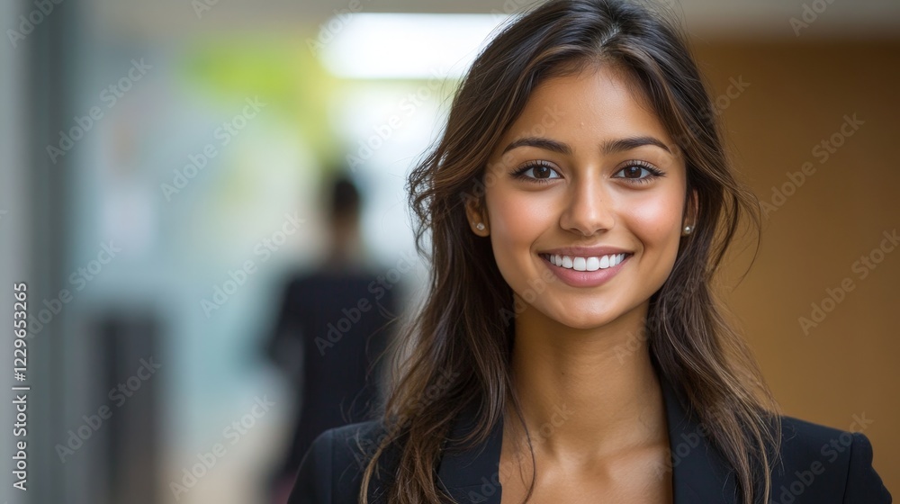 A confident young businesswoman smiling in a modern office, portraying professionalism and warmth. Ideal for business-related content. A confident young businesswoman smiling in a modern office, portraying professionalism and warmth. Ideal for business-related content.