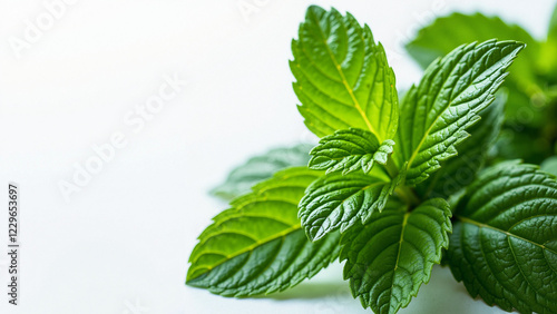 Vibrant Fresh Spearmint Leaves Isolated on White Background for Culinary, Wellness, and Lifestyle Marketing photo