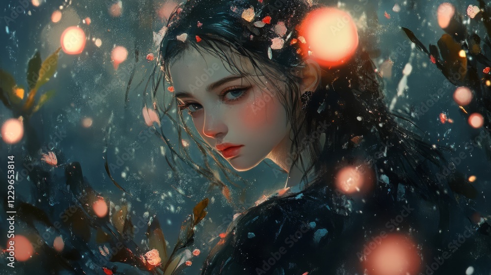 Ethereal girl surrounded by glowing lights in a mystical forest setting during twilight Ethereal girl surrounded by glowing lights in a mystical forest setting during twilight