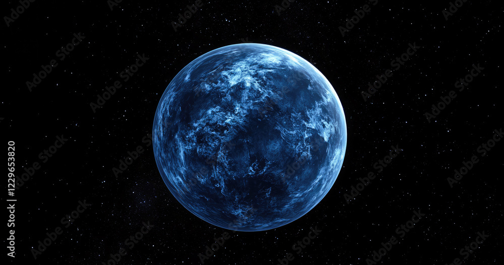 Naklejka premium Futuristic Blue Planet with Rings in Deep Space - Cosmic Digital Art
