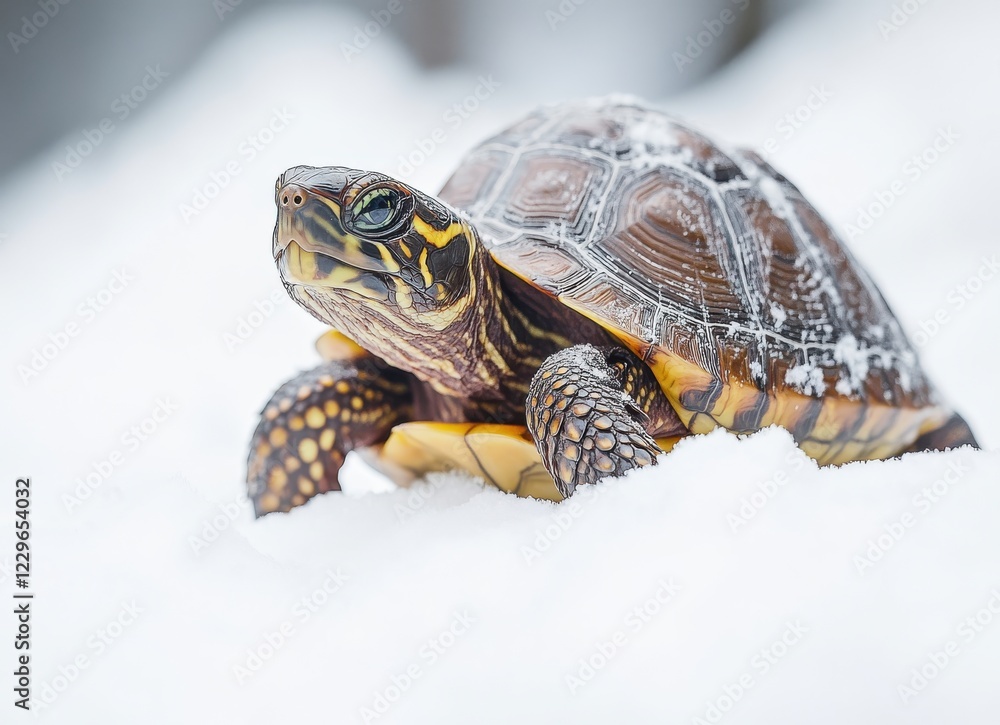 Majestic Turtle Navigating Through Snowy Terrain with Bright Patterns on its Shell and Serene Expression in a Winter Wonderland Environment