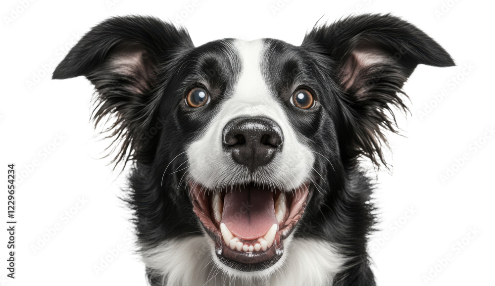 Fototapeta premium Closeup portrait of a happy black and white Border Collie dog with open mouth and big smile on a transparent background Concept of pet, animal, and domestic breed
