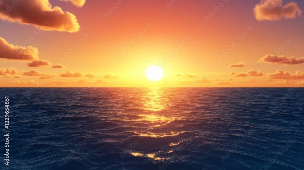 Obraz premium Stunning Sunset over Calm Ocean Waters Peaceful Tropical Seascape Golden Hour