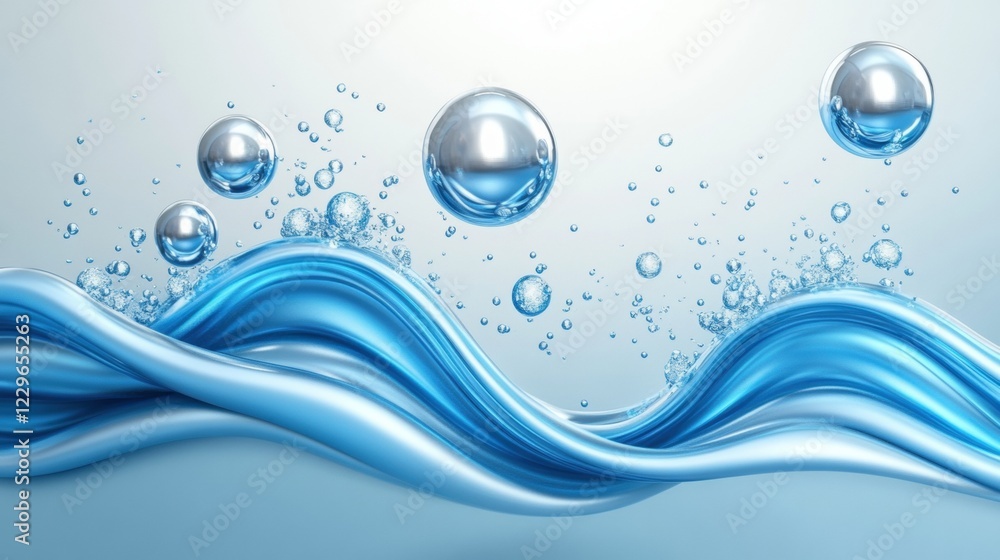 Abstract Blue Water Wave with Metallic Spheres Abstract Blue Water Wave with Metallic Spheres