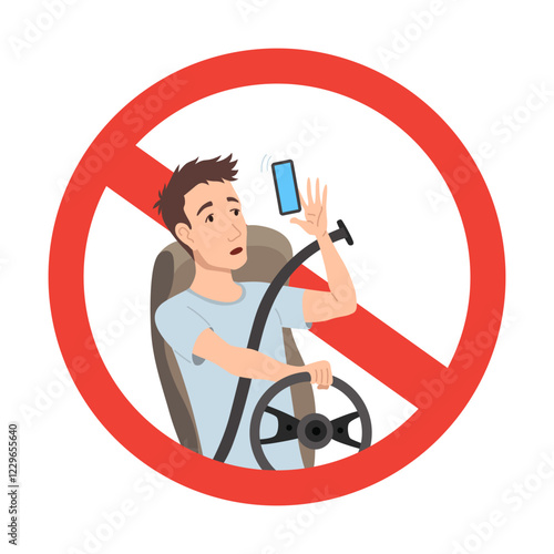 Phone while driving. Safety driving rules. Do not use mobile. Man talking on phone or using smartphone. Vector illustration