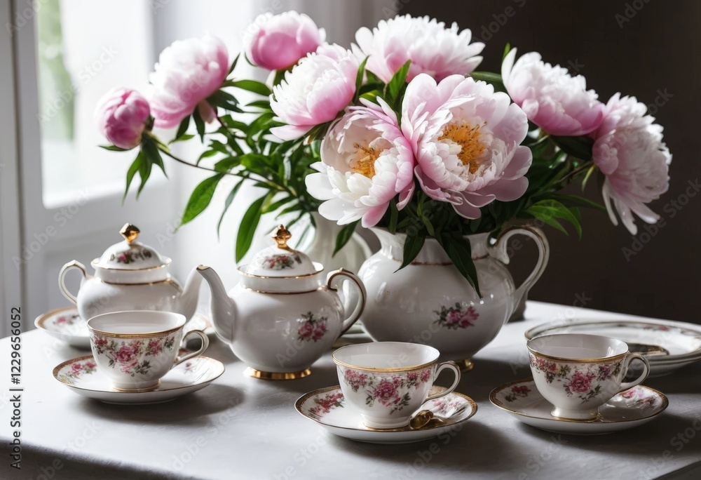 A charming tea set with floral patterns, accompanied by lush peonies in a vase, adding elegance and serenity to any afternoon tea gathering. A charming tea set with floral patterns, accompanied by lush peonies in a vase, adding elegance and serenity to any afternoon tea gathering.