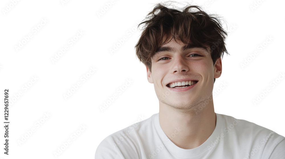 Young man with a bright smile poses against a plain background during a casual indoor moment, showcasing friendly expression and relaxed demeanor Young man with a bright smile poses against a plain background during a casual indoor moment, showcasing friendly expression and relaxed demeanor