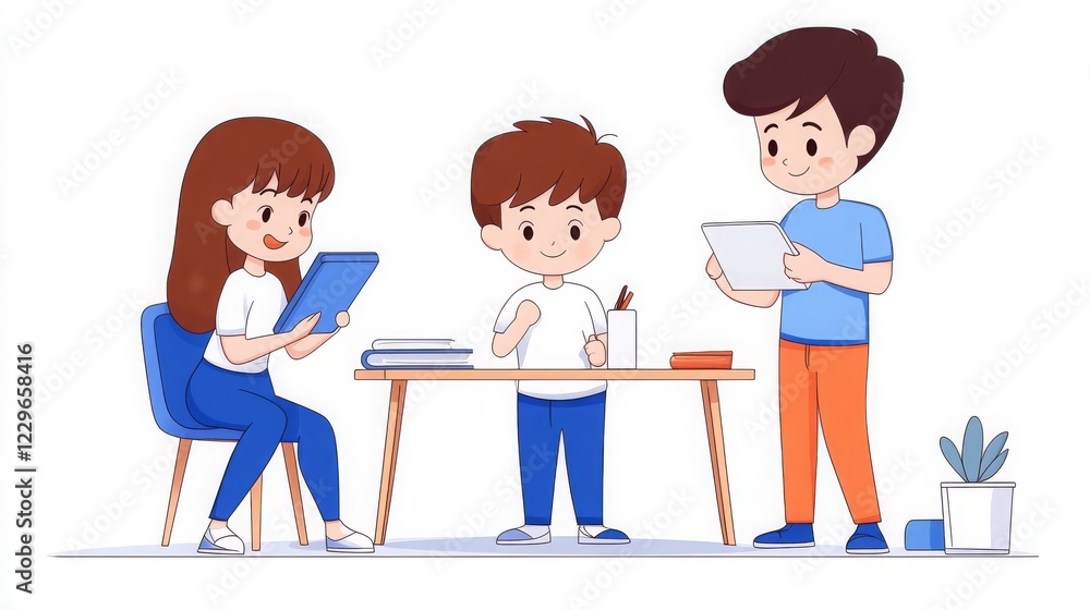 Happy Children Studying Together Using Tablets and Books at Desk Happy Children Studying Together Using Tablets and Books at Desk