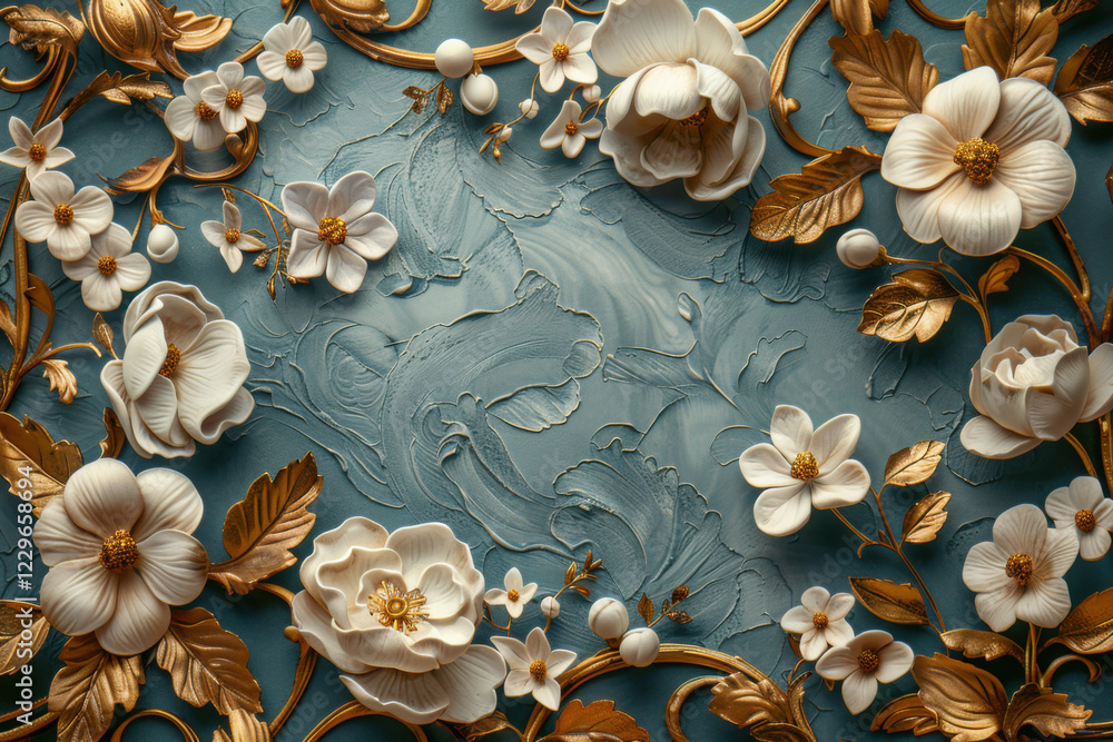 Obraz premium An intricate vintage card showcases delicate floral arrangements in soft hues, beautifully crafted against a pale blue background, ideal for March celebrations.