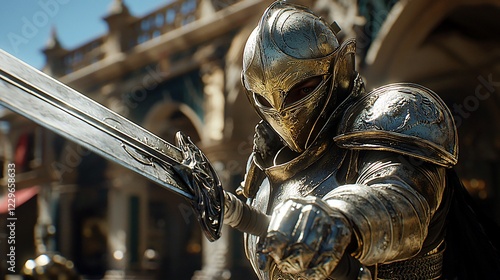 Knight with sword, city backdrop, game screenshot, fantasy