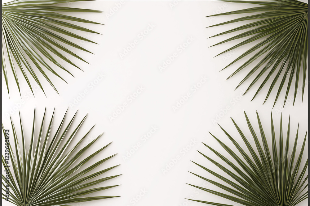 Fototapeta premium modern tropical design featuring overlapping palm leaves on white background, creating fresh and vibrant atmosphere. Perfect for nature inspired decor