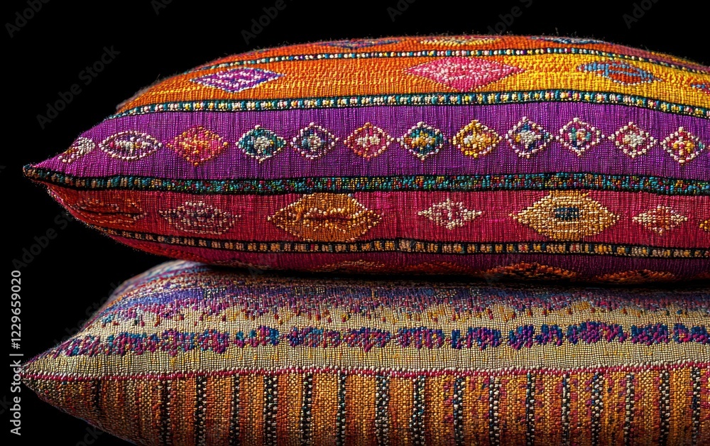 Vibrant handmade pillows stacked, dark background, home decor Vibrant handmade pillows stacked, dark background, home decor
