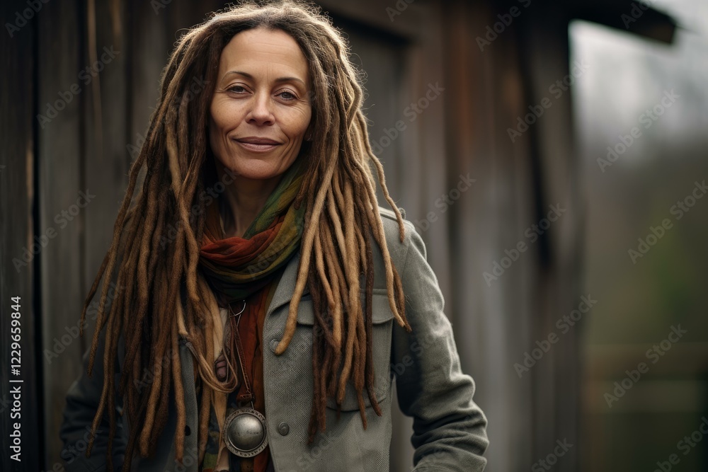 Fototapeta premium Portrait of a confident mature female artist with dreadlocks, wearing a scarf and jacket, standing in front of a rustic wooden structure