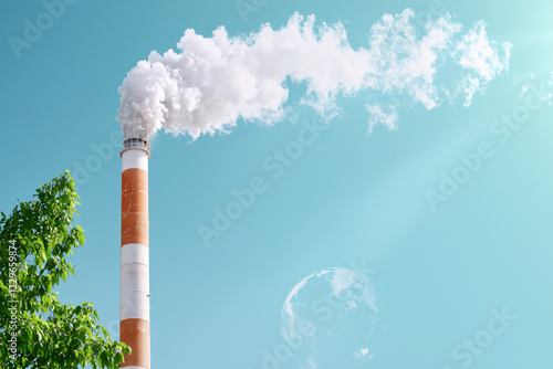 Wallpaper Mural factory chimney releasing white smoke into clear blue sky, surrounded by greenery, symbolizes industrial activity and environmental impact Torontodigital.ca