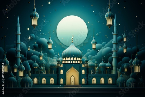Beautiful mosque illuminated by hanging lanterns under a full moon, creating a magical ramadan atmosphere