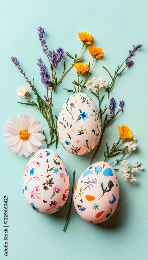 Fototapeta premium Easter floral pattern eggs, springtime blooming flowers on a blue background. Happy Easter concept.