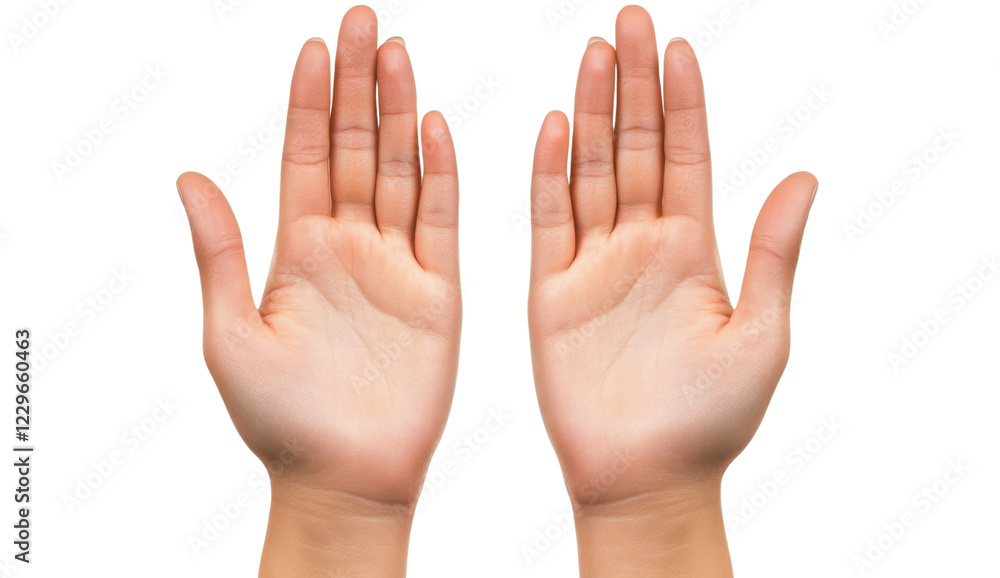 Pair of open hands of a lightskinned adult woman on a transparent background, showing palms and fingers, concept of giving, receiving, and support