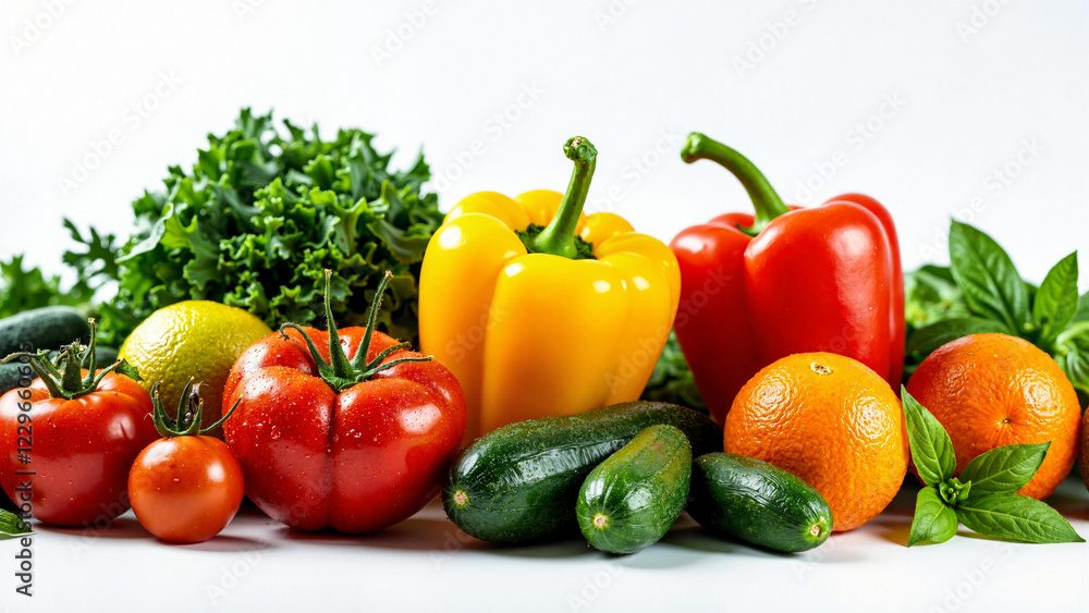 Vibrant Assortment of Fresh Vegetables and Fruits on White Background for Health-Conscious Marketing and Packaging Design Vibrant Assortment of Fresh Vegetables and Fruits on White Background for Health-Conscious Marketing and Packaging Design