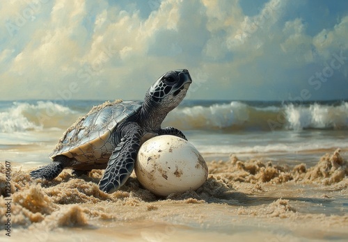 Newborn Turtle Emerges from Egg on Sandy Beach with Gentle Waves and Cloudy Sky in Background, Symbolizing Nature's Beauty and Marine Life photo