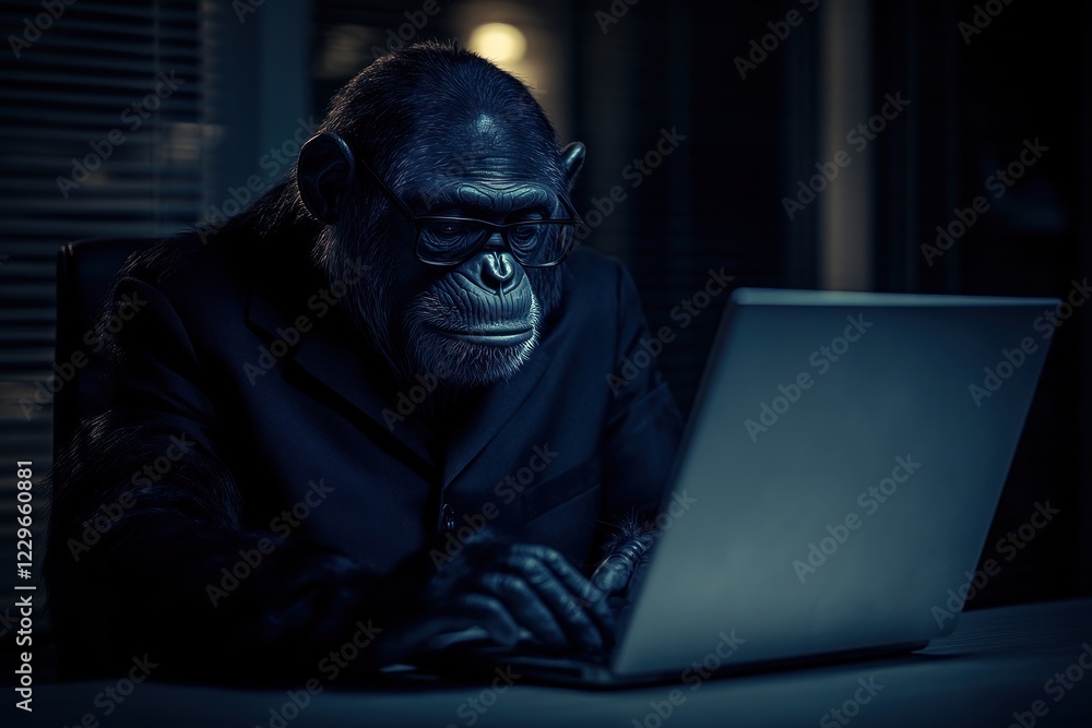 Chimpanzee in a Suit Using a Laptop at Night Chimpanzee in a Suit Using a Laptop at Night