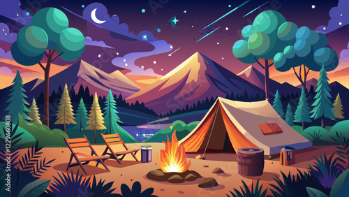Luxury camping under starry skies with spacious canvas tent, cozy bed, and warm campfire, creating perfect outdoor retreat experience