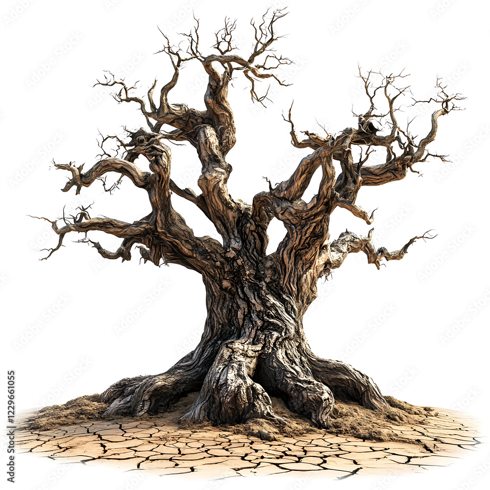Surrealistic landscape with dry trees and cracked soil, vector illustration, white background, no shadows, 3D rendering, hyper-realism, detailed texture, creative design, unique concept, fantasy Surrealistic landscape with dry trees and cracked soil, vector illustration, white background, no shadows, 3D rendering, hyper-realism, detailed texture, creative design, unique concept, fantasy