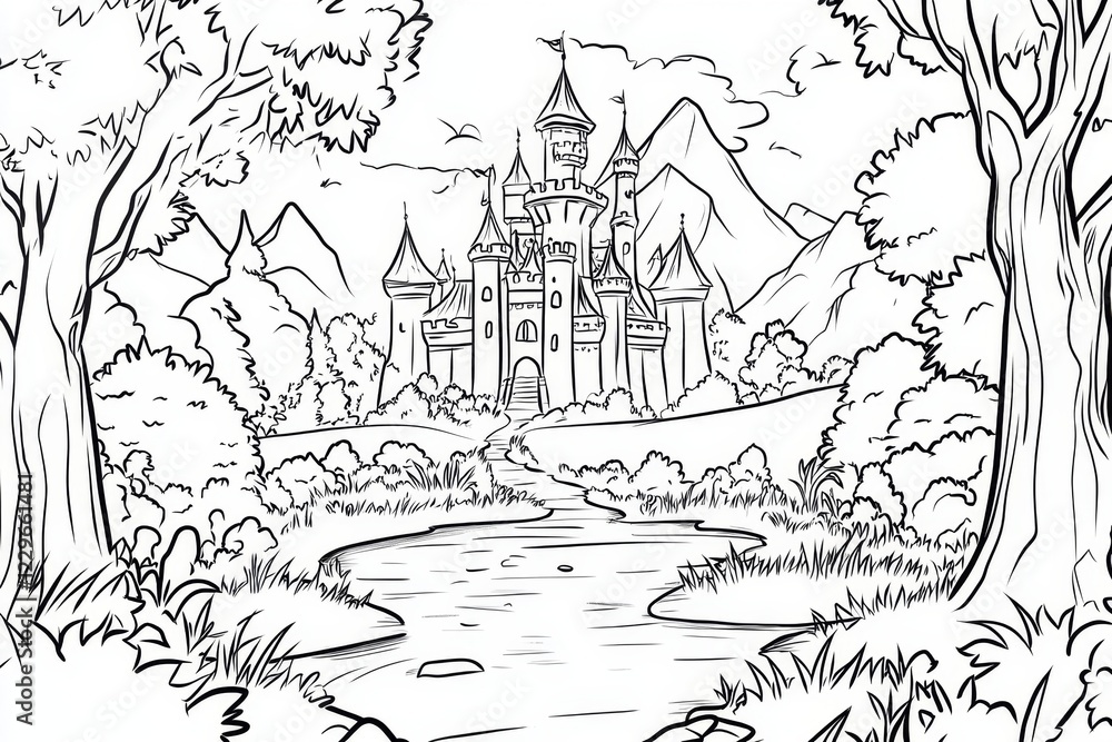 Fototapeta premium Enchanted Castle in a Majestic Forest - Coloring Page