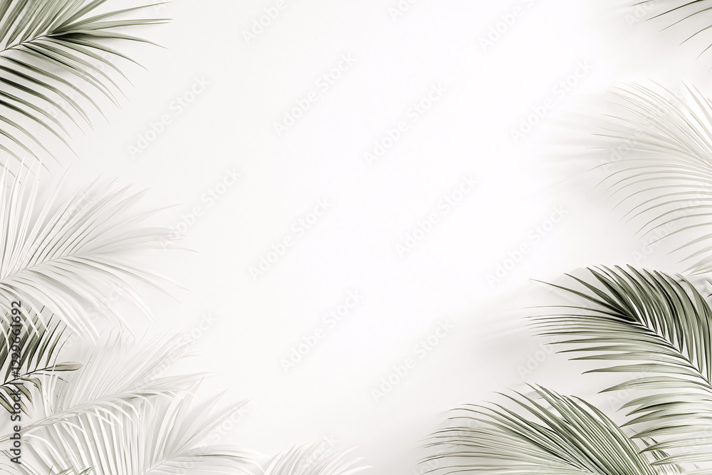 Fototapeta premium Delicate tropical leaves frame clean white background, creating serene and fresh atmosphere perfect for design projects