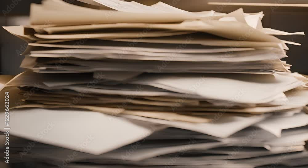 Chaotic stack of assorted papers on a desk in a workspace environment