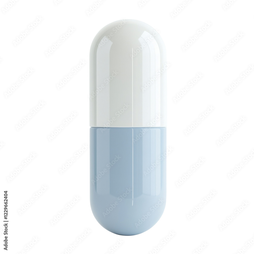 Single white and light blue capsule pill on a transparent background, representing medicine, healthcare, and pharmaceutical industry Single white and light blue capsule pill on a transparent background, representing medicine, healthcare, and pharmaceutical industry