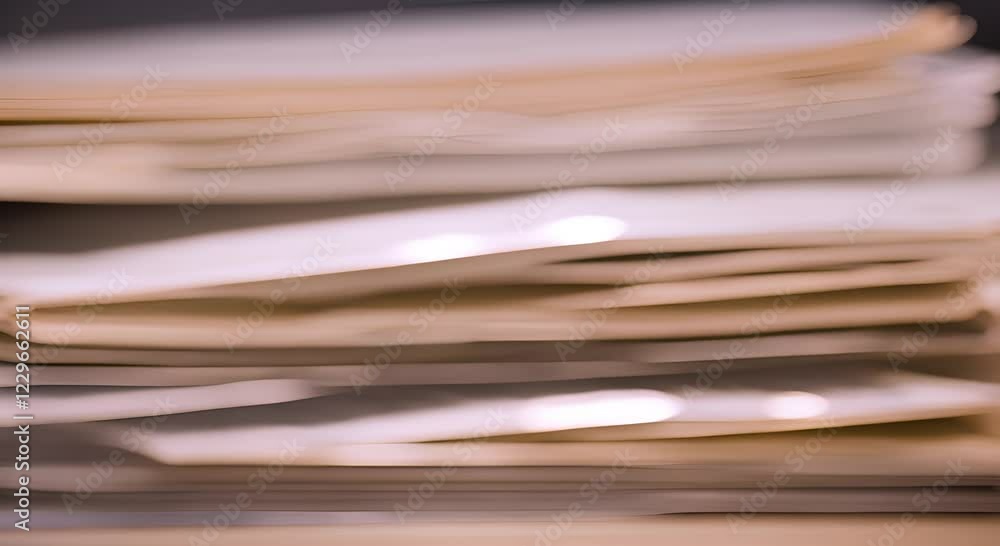 Blurred stack of paperwork in an organized office setting with light Blurred stack of paperwork in an organized office setting with light