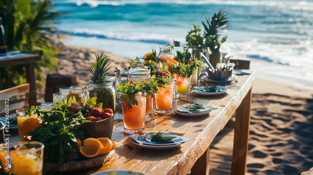 custom made wallpaper toronto digitalTropical Cocktails on Wooden Table by the Ocean Shoreline