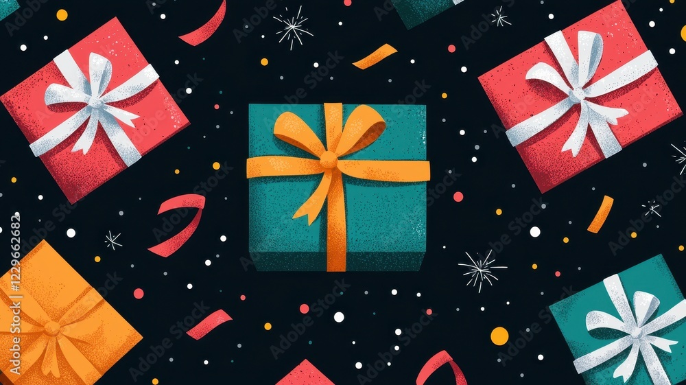 Obraz premium Festive Gift Boxes Pattern Colorful Presents Ribbons Confetti Celebration Background