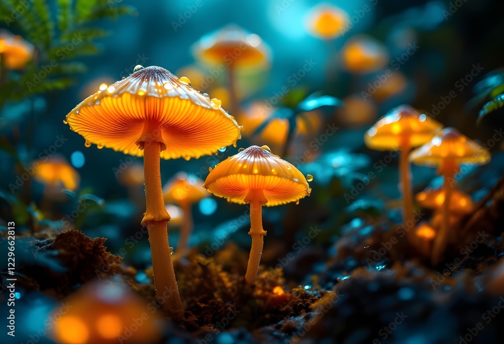 Fototapeta premium Glowing Orange Mushrooms in Enchanted Forest With Magical Lighting and Atmosphere