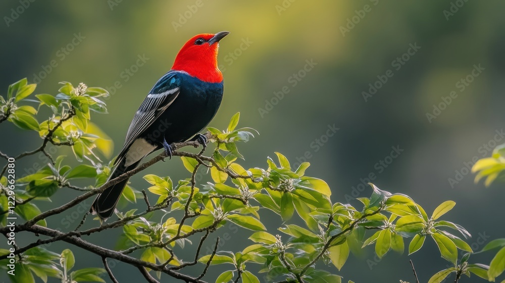 Obraz premium Crimson-breasted bird perched on a branch, vibrant plumage against a blurred green background.