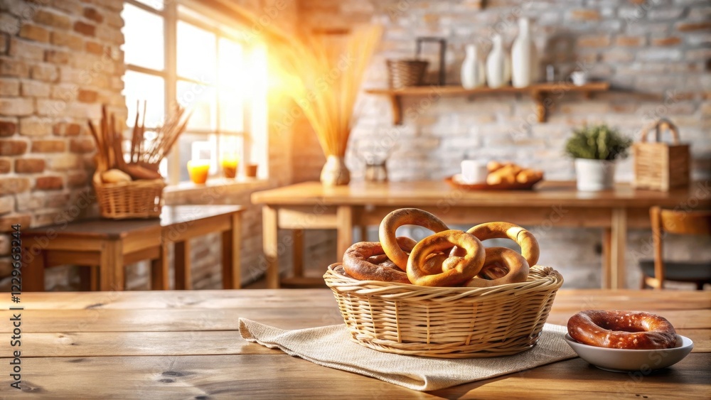 Fototapeta premium Warm Rustic Kitchen Setting with Basket of Baked Goods and Single Pretzel on Wooden Table
