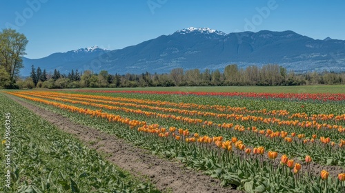 Rows of orange and red tulips blooming in a field with mountains in the background under a clear blue sky.